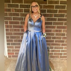 JVN by Jovani Blue Shimmer Formal/Prom Maxi Dress with Rhinestone Waist